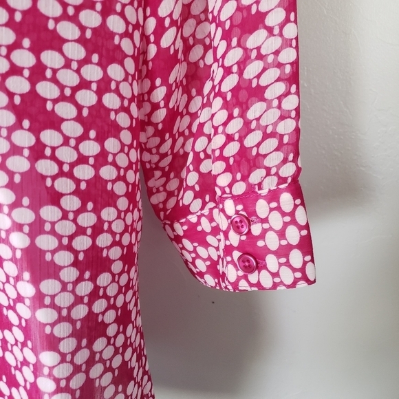 Downeast Basics Small Magenta Pink Chiffon Blouse White Polka Dot Button Up Top - Picture 3 of 9